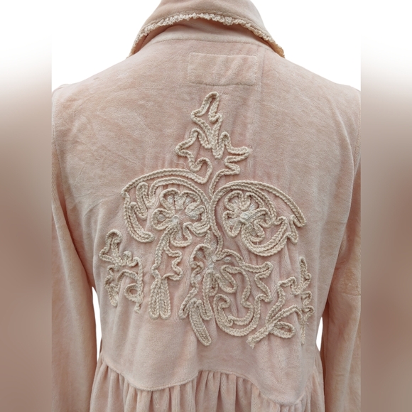 JDL Coat Duster Mottled Pink Velvet Medium Button Front Floral Crewel Work Back - Picture 3 of 15